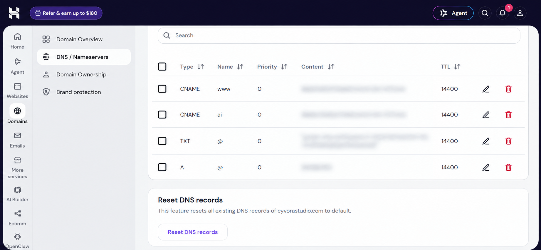 Domain registrar DNS page showing where to add the CNAME record provided by Vercel